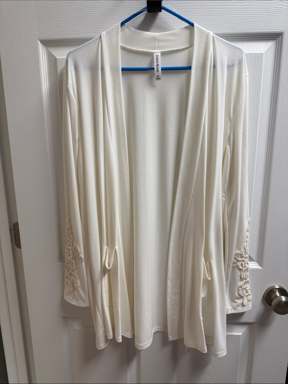 Zenana Outfitters Cream Open-Front Cardigan with Crochet Sleeve Accents